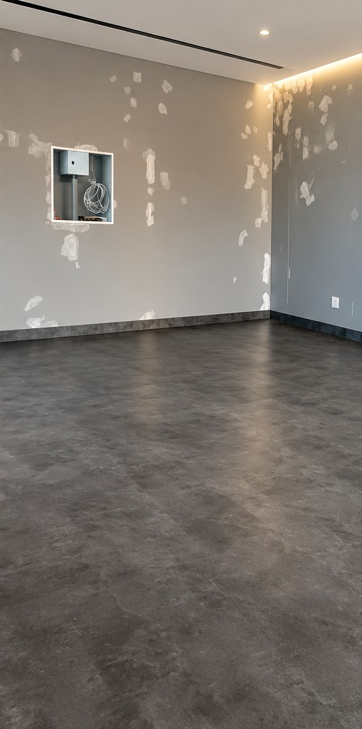 Dark finished floor in a room being prepared